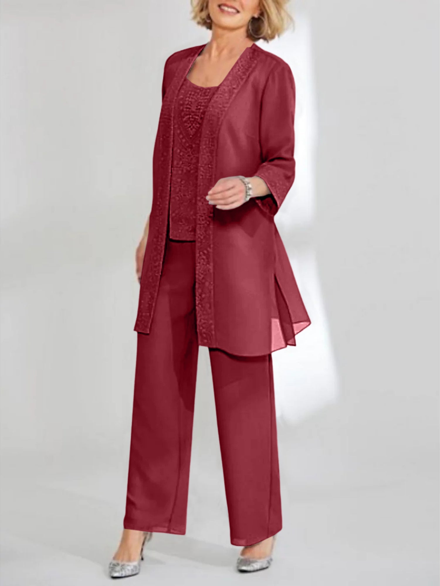 Chiffon Sequins Scoop Ankle Length Mother Of The Bride Pantsuits With Jacket