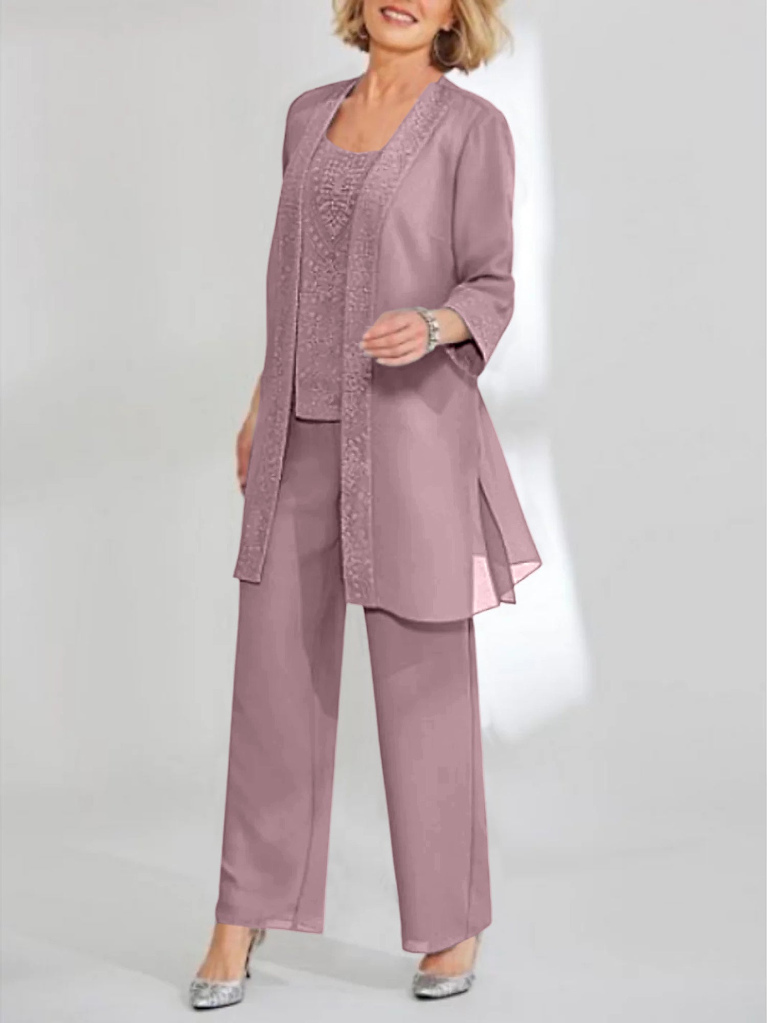 Chiffon Sequins Scoop Ankle Length Mother Of The Bride Pantsuits With Jacket