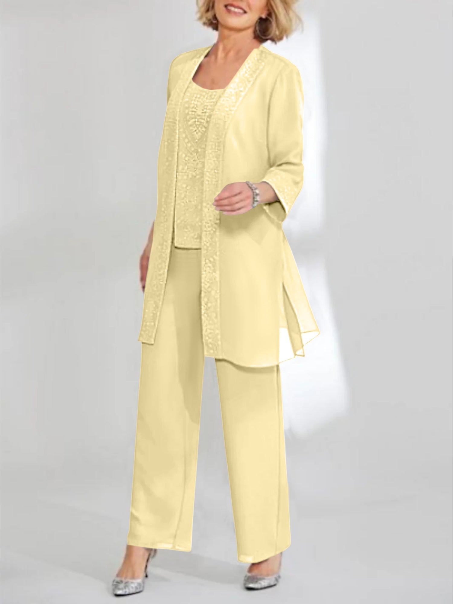 Chiffon Sequins Scoop Ankle Length Mother Of The Bride Pantsuits With Jacket