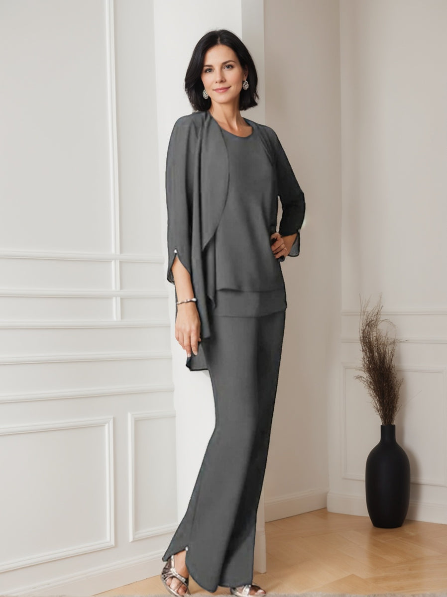 Chiffon Scoop Long Sleeves Floor Length Mother Of The Bride Pantsuits With Ruffles