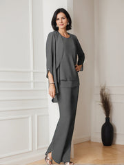 Chiffon Scoop Long Sleeves Floor Length Mother Of The Bride Pantsuits With Ruffles