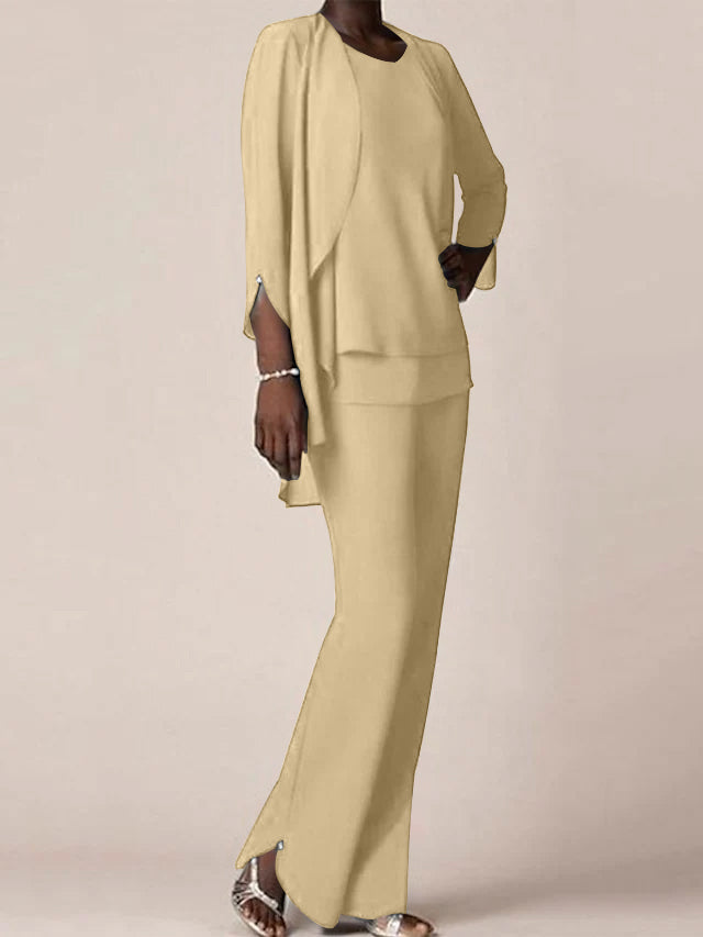 Chiffon Scoop Long Sleeves Floor Length Mother Of The Bride Pantsuits With Ruffles