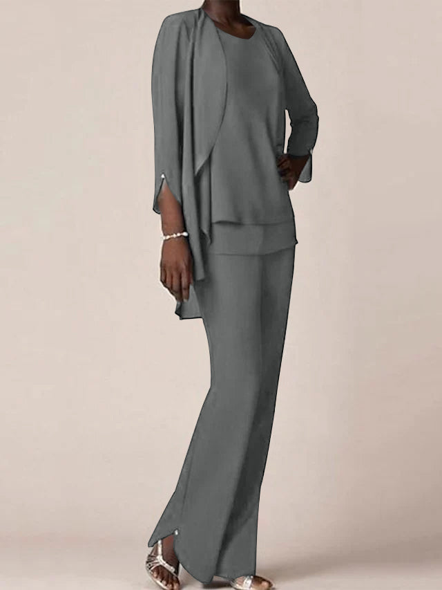 Chiffon Scoop Long Sleeves Floor Length Mother Of The Bride Pantsuits With Ruffles