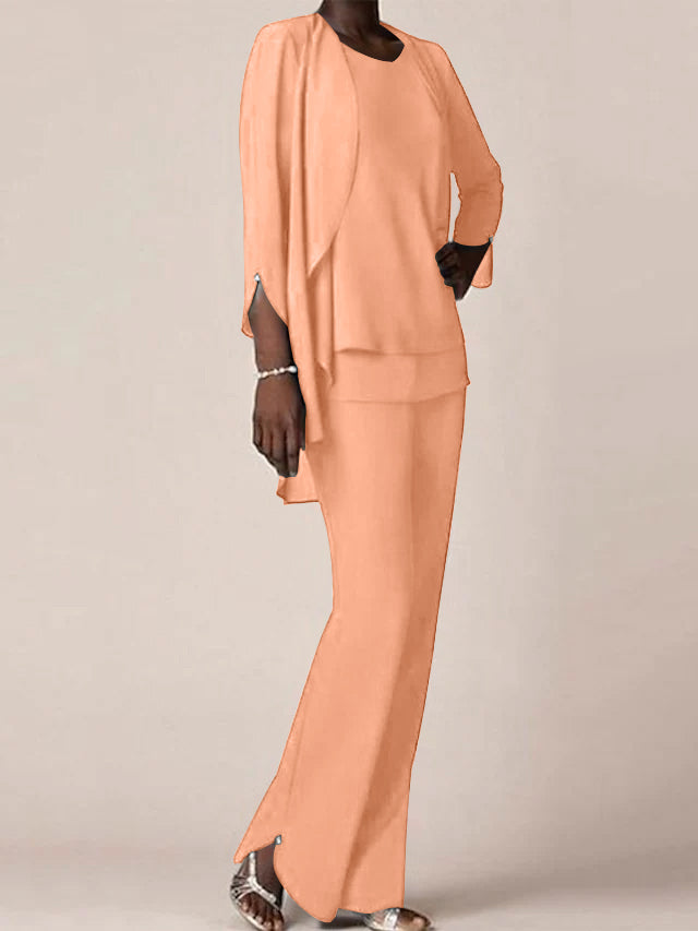 Chiffon Scoop Long Sleeves Floor Length Mother Of The Bride Pantsuits With Ruffles