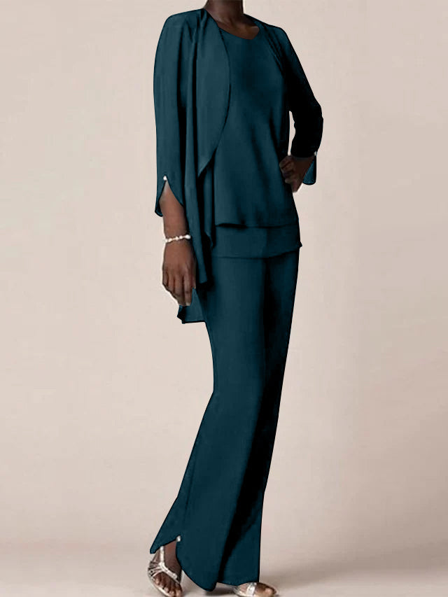 Chiffon Scoop Long Sleeves Floor Length Mother Of The Bride Pantsuits With Ruffles