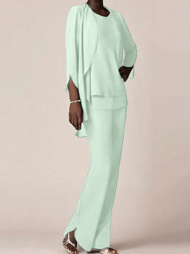 Chiffon Scoop Long Sleeves Floor Length Mother Of The Bride Pantsuits With Ruffles