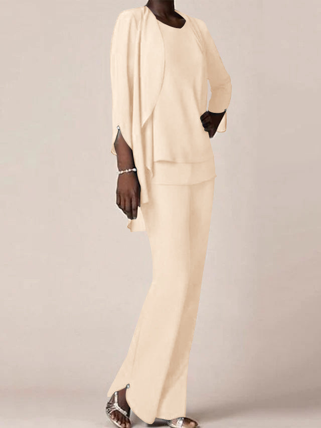 Chiffon Scoop Long Sleeves Floor Length Mother Of The Bride Pantsuits With Ruffles