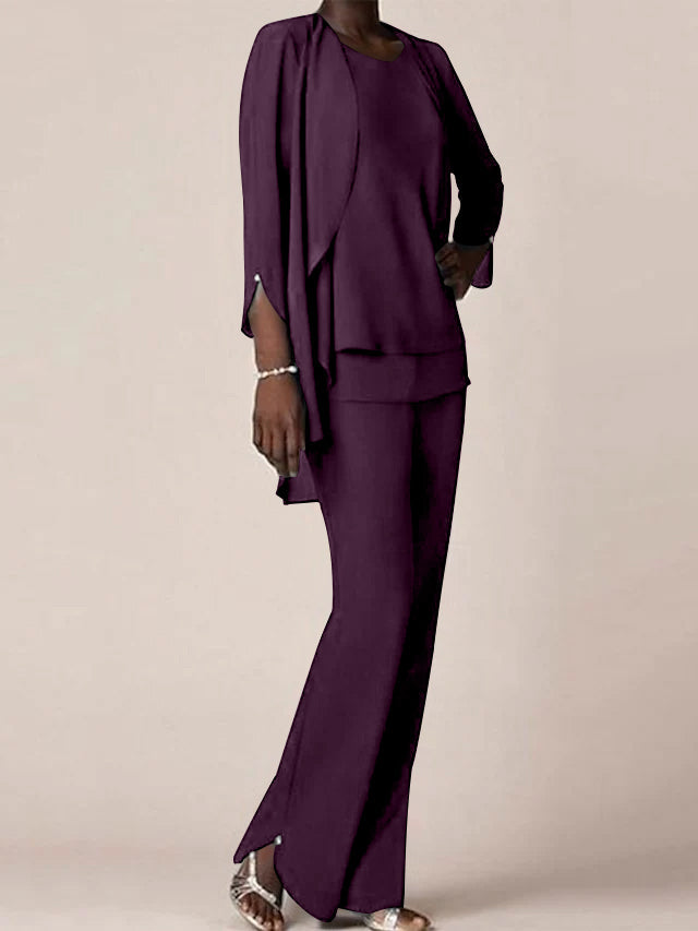 Chiffon Scoop Long Sleeves Floor Length Mother Of The Bride Pantsuits With Ruffles
