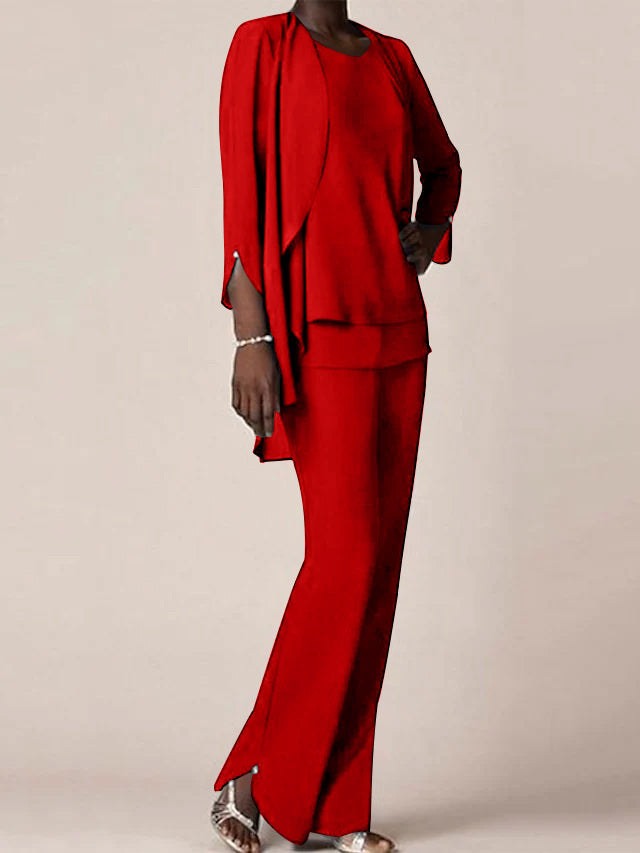 Chiffon Scoop Long Sleeves Floor Length Mother Of The Bride Pantsuits With Ruffles