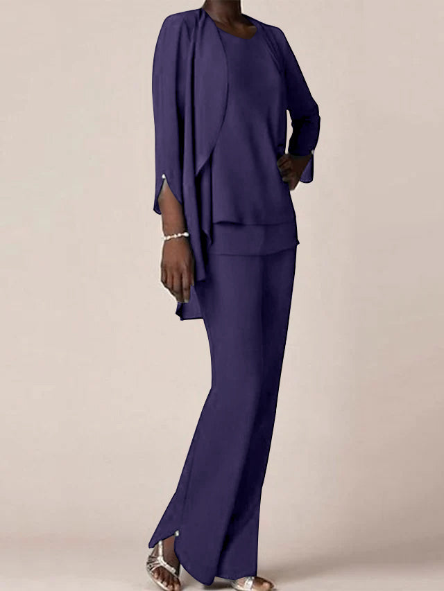 Chiffon Scoop Long Sleeves Floor Length Mother Of The Bride Pantsuits With Ruffles