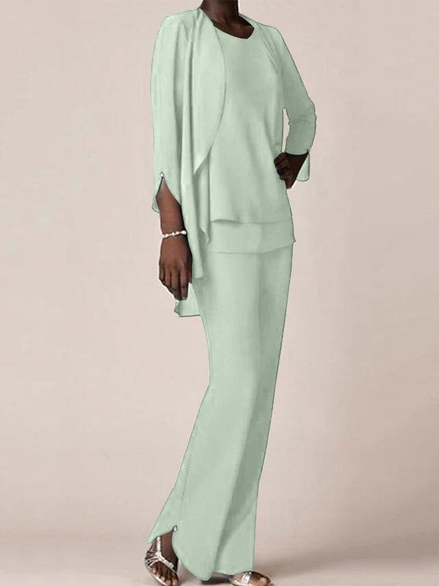 Chiffon Scoop Long Sleeves Floor Length Mother Of The Bride Pantsuits With Ruffles