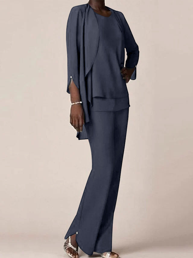 Chiffon Scoop Long Sleeves Floor Length Mother Of The Bride Pantsuits With Ruffles