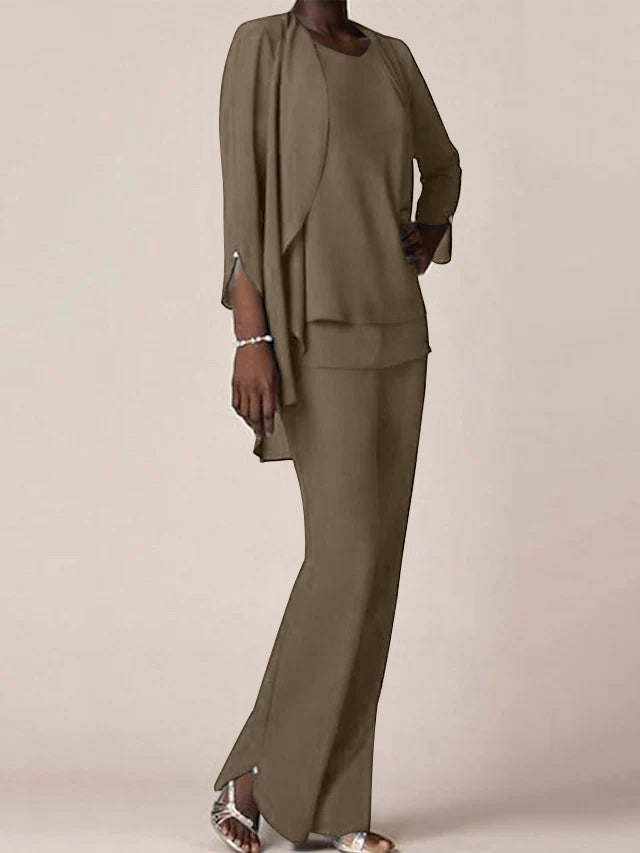 Chiffon Scoop Long Sleeves Floor Length Mother Of The Bride Pantsuits With Ruffles