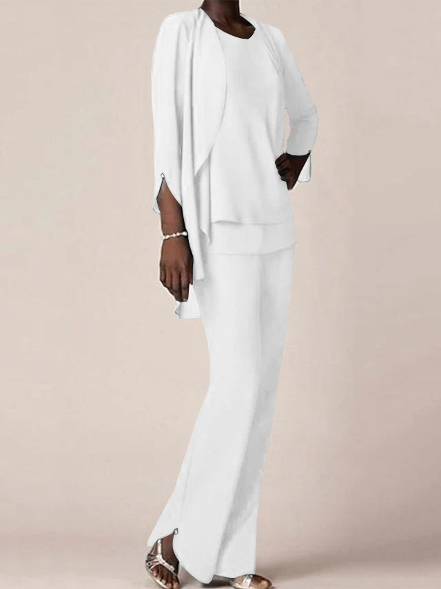 Chiffon Scoop Long Sleeves Floor Length Mother Of The Bride Pantsuits With Ruffles
