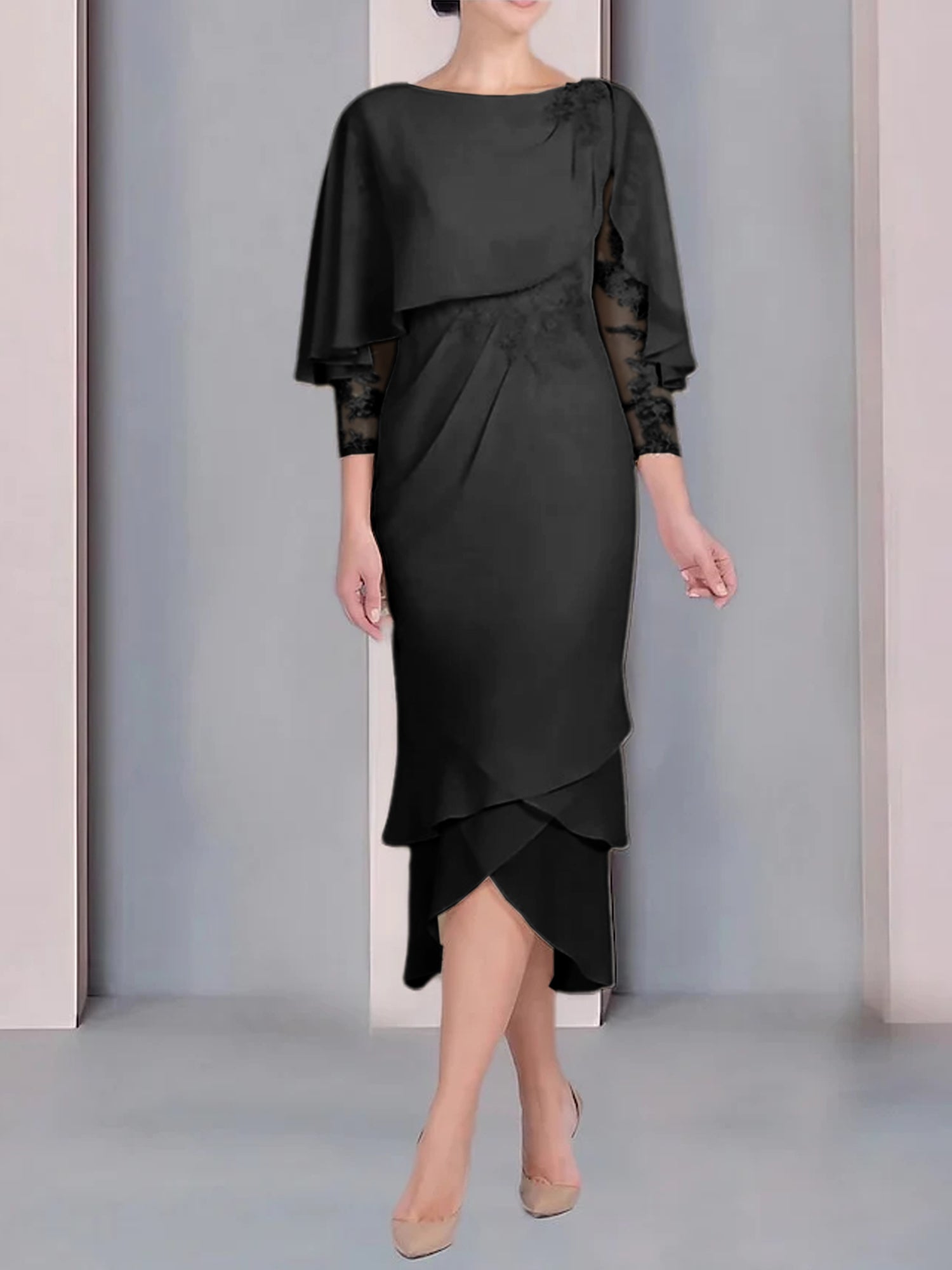 Sheath Column Scoop Short Sleeves Tea Length Mother Of The Bride Dresses With Appliques Lace