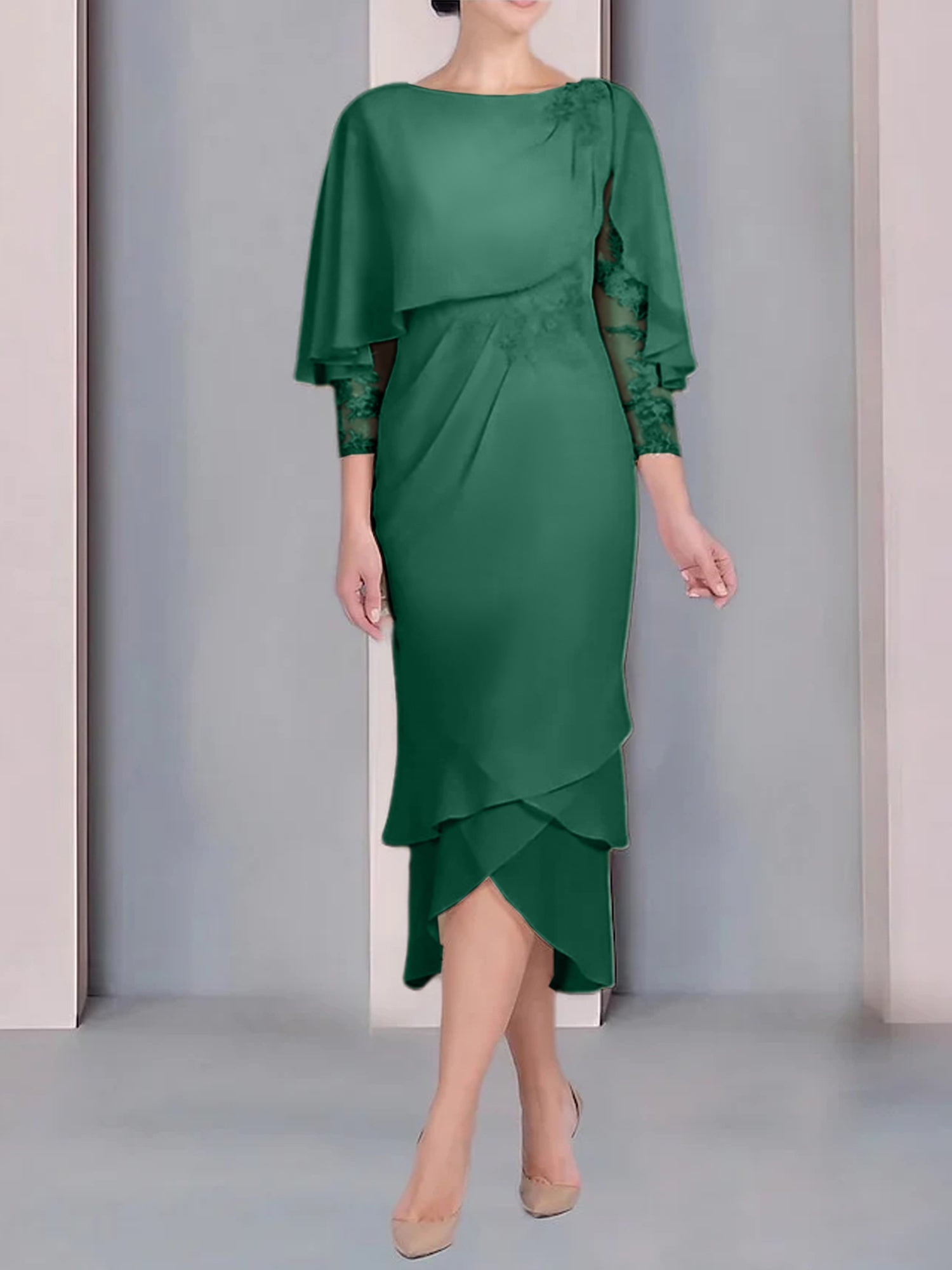 Sheath Column Scoop Short Sleeves Tea Length Mother Of The Bride Dresses With Appliques Lace