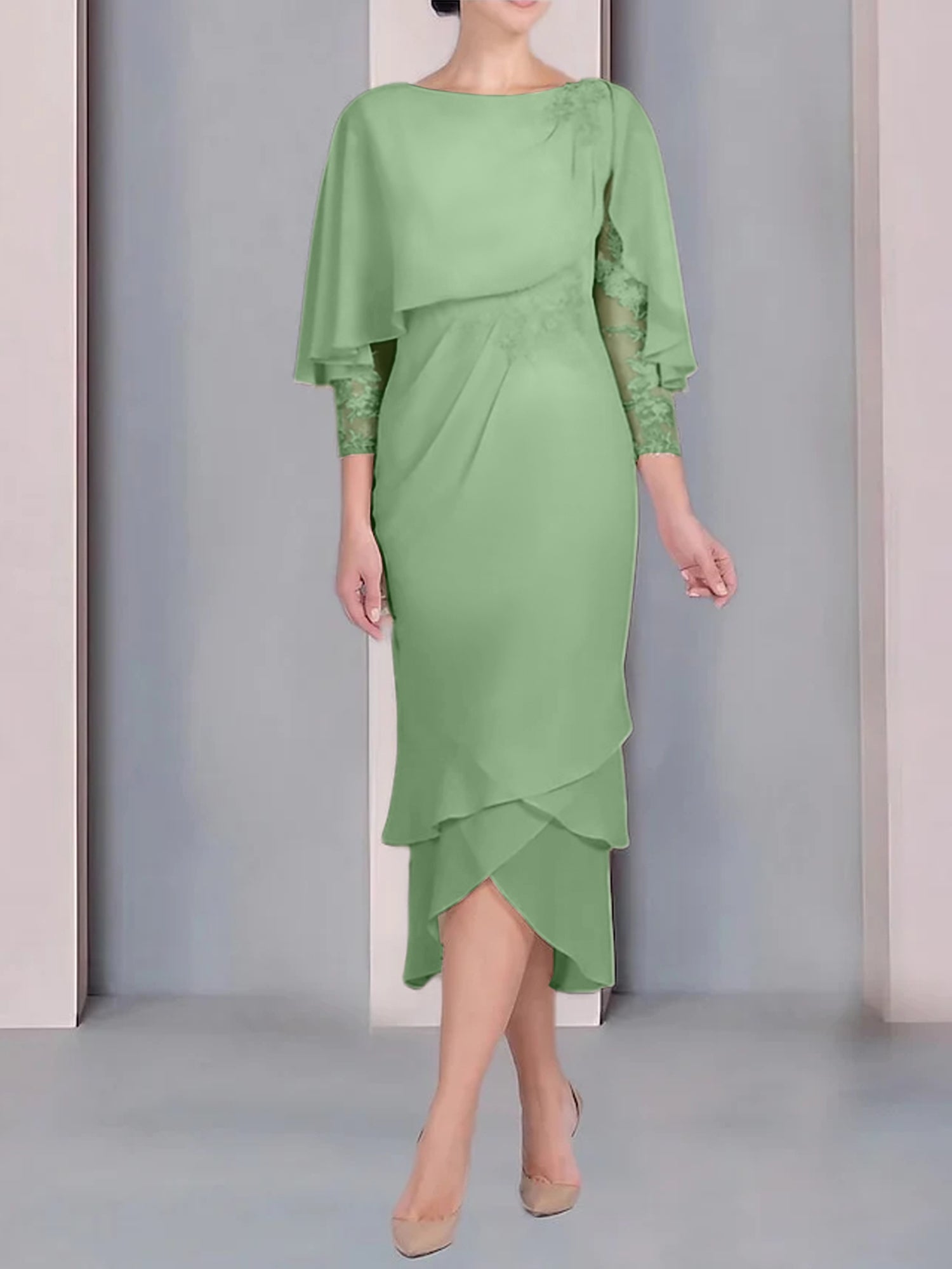 Sheath Column Scoop Short Sleeves Tea Length Mother Of The Bride Dresses With Appliques Lace