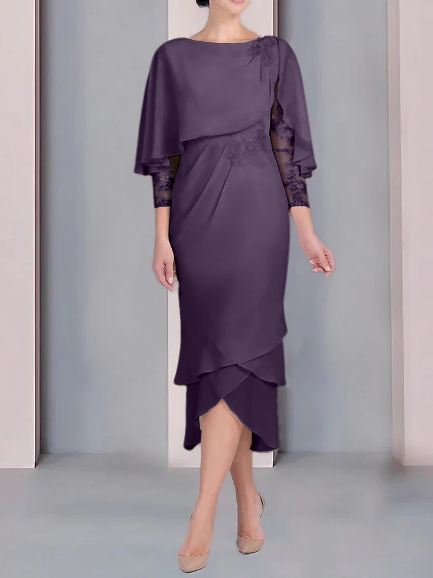 Sheath Column Scoop Short Sleeves Tea Length Mother Of The Bride Dresses With Appliques Lace