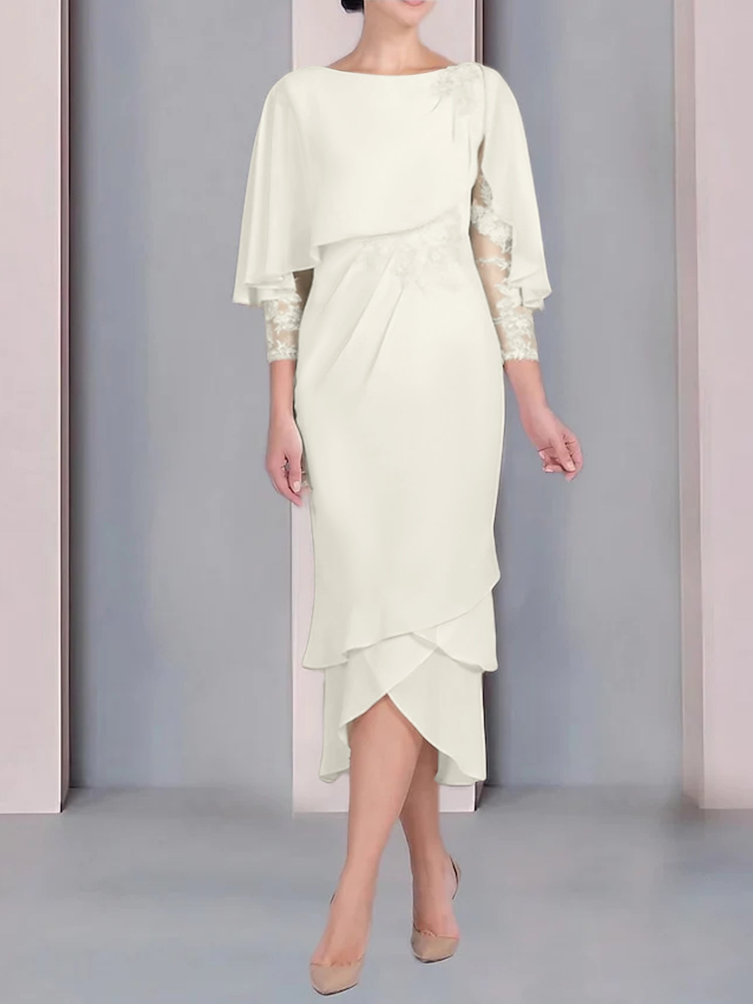 Sheath Column Scoop Short Sleeves Tea Length Mother Of The Bride Dresses With Appliques Lace