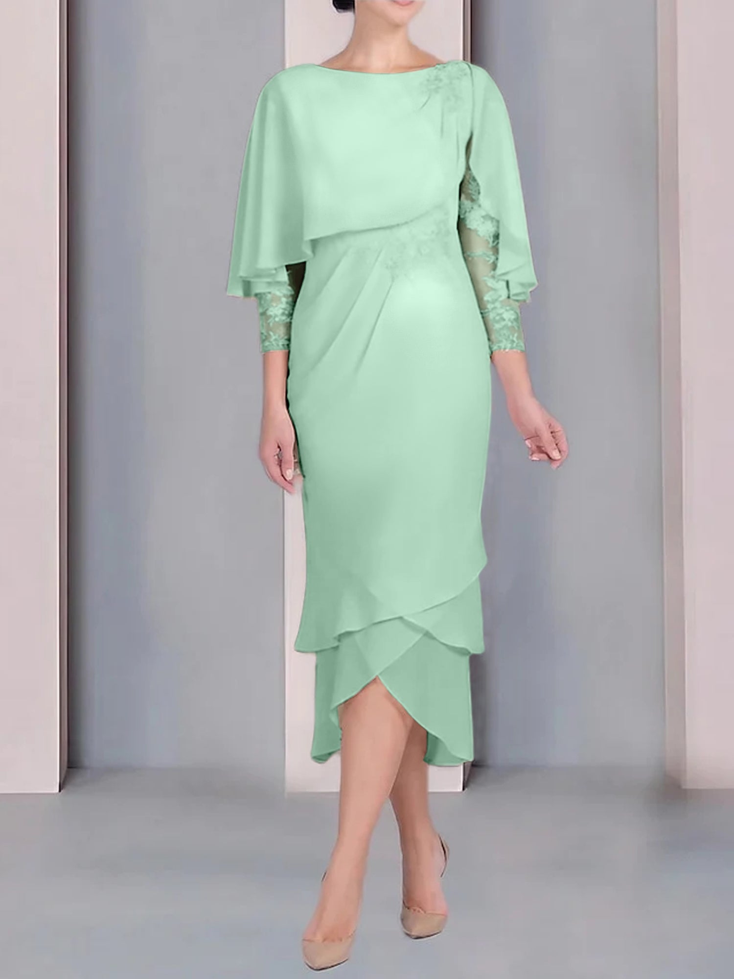 Sheath Column Scoop Short Sleeves Tea Length Mother Of The Bride Dresses With Appliques Lace