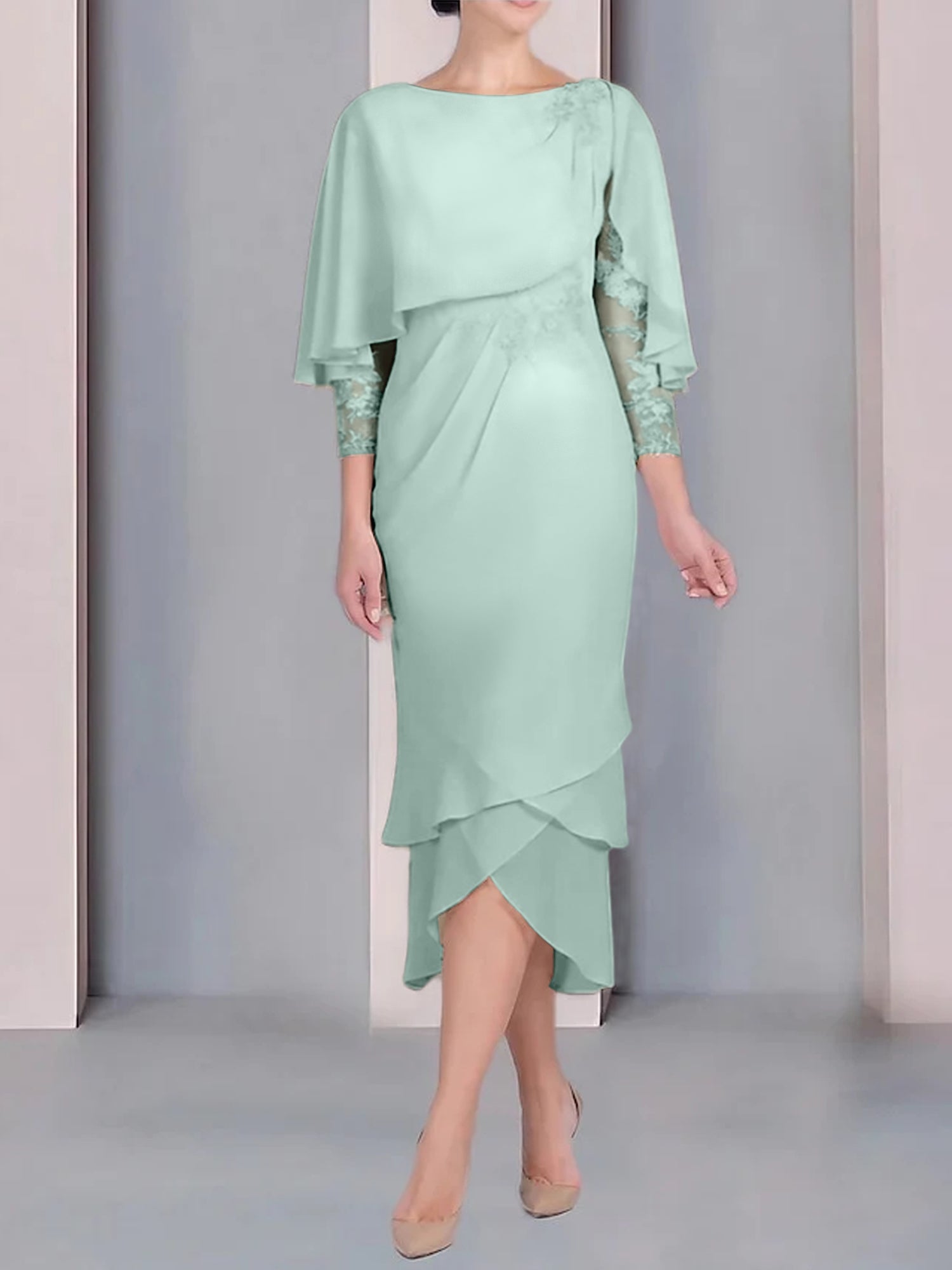 Sheath Column Scoop Short Sleeves Tea Length Mother Of The Bride Dresses With Appliques Lace