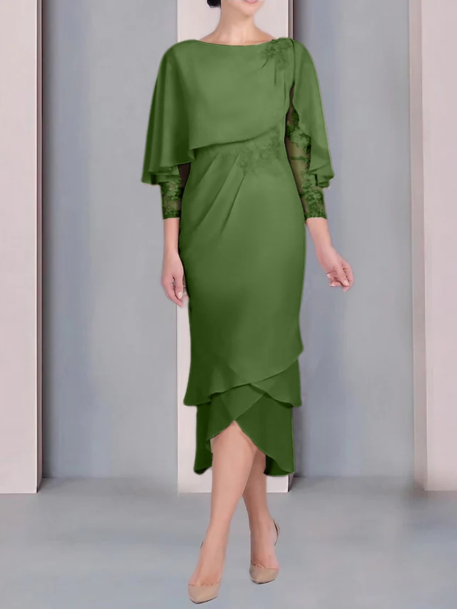 Sheath Column Scoop Short Sleeves Tea Length Mother Of The Bride Dresses With Appliques Lace