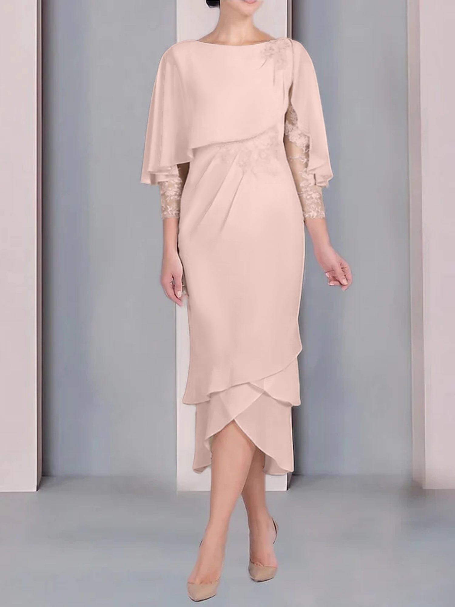 Sheath Column Scoop Short Sleeves Tea Length Mother Of The Bride Dresses With Appliques Lace
