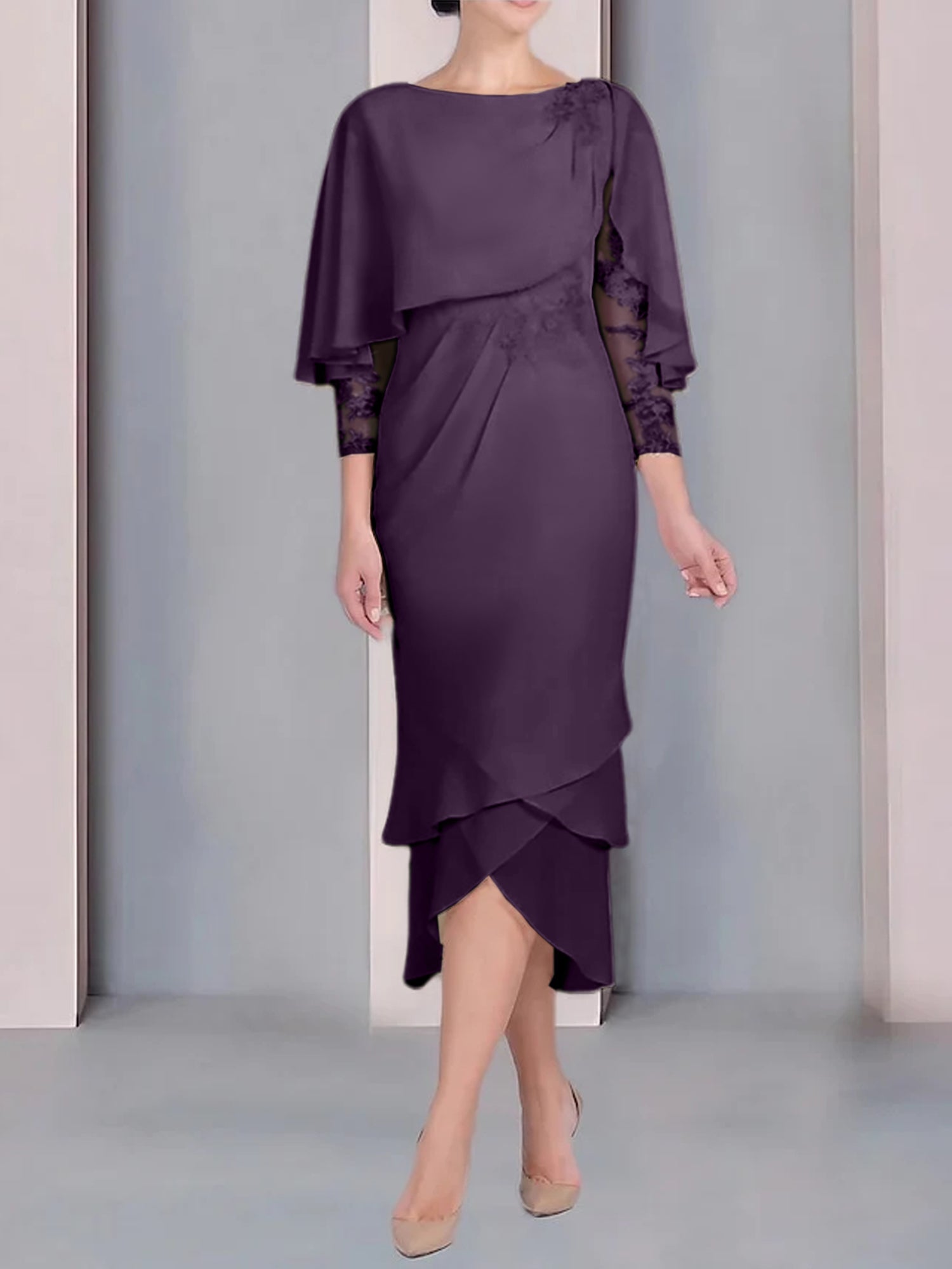 Sheath Column Scoop Short Sleeves Tea Length Mother Of The Bride Dresses With Appliques Lace