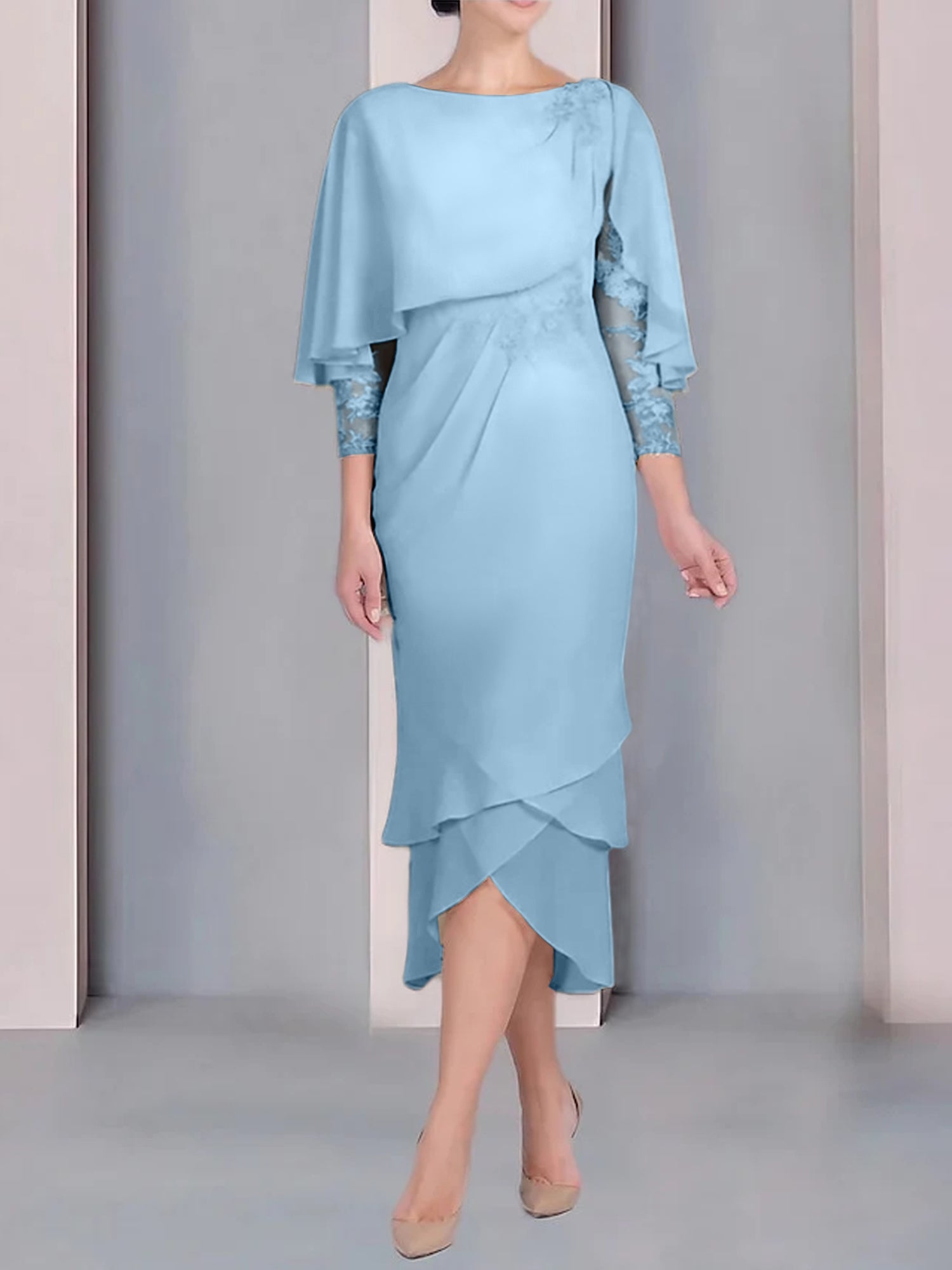 Sheath Column Scoop Short Sleeves Tea Length Mother Of The Bride Dresses With Appliques Lace
