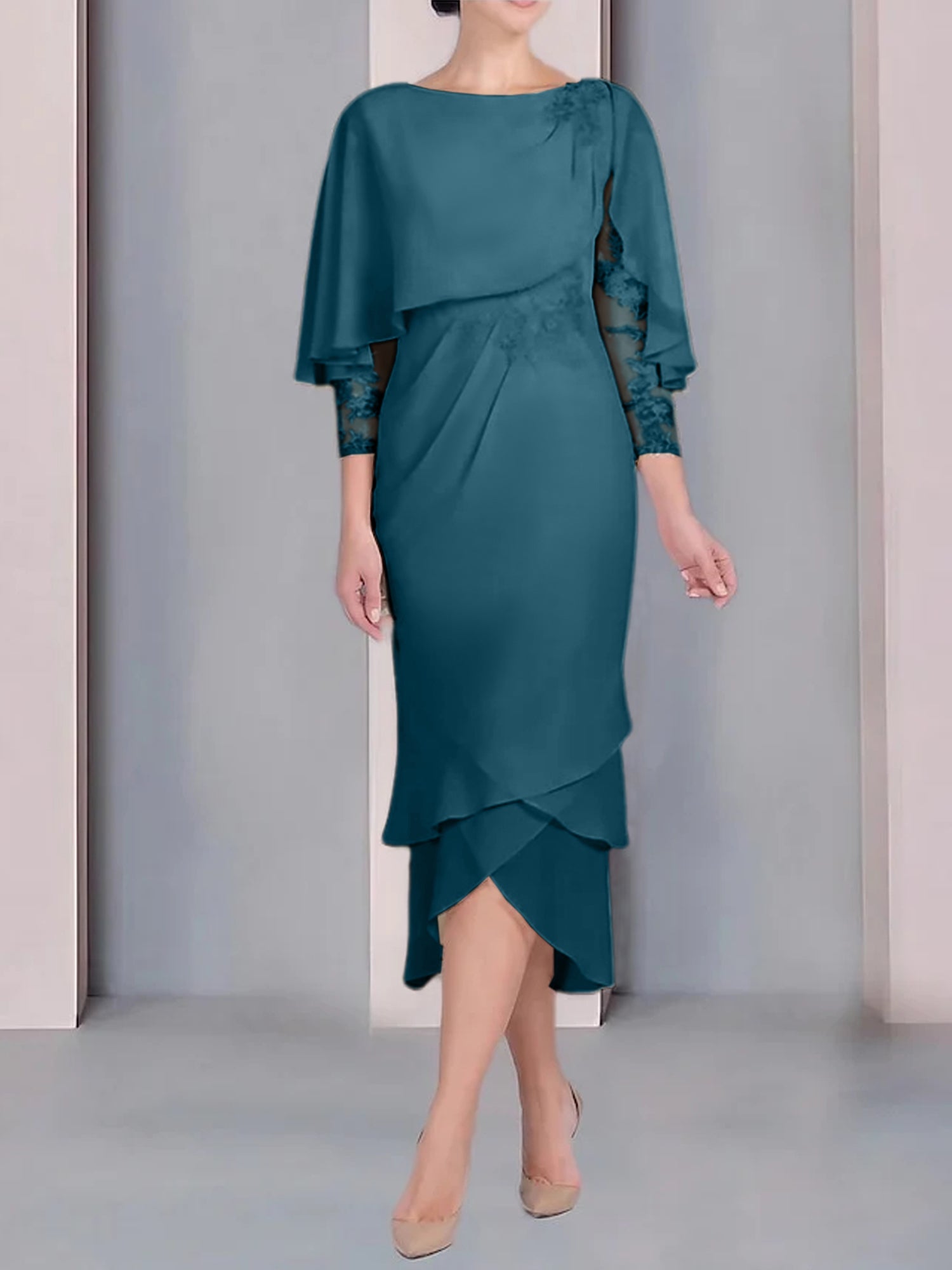 Sheath Column Scoop Short Sleeves Tea Length Mother Of The Bride Dresses With Appliques Lace