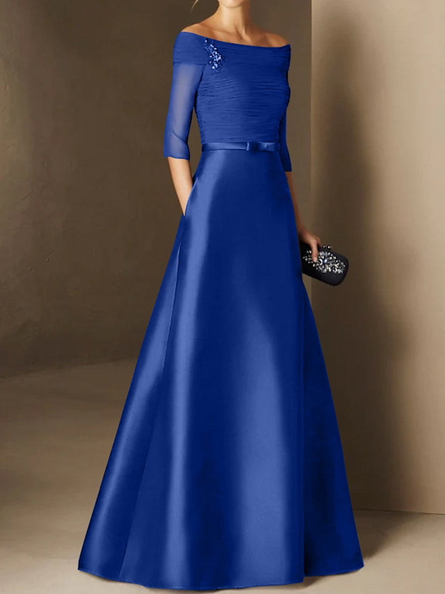 A Line Princess Off The Shoulder Short Sleeves Mother Of The Bride Dresses With Belt Applique