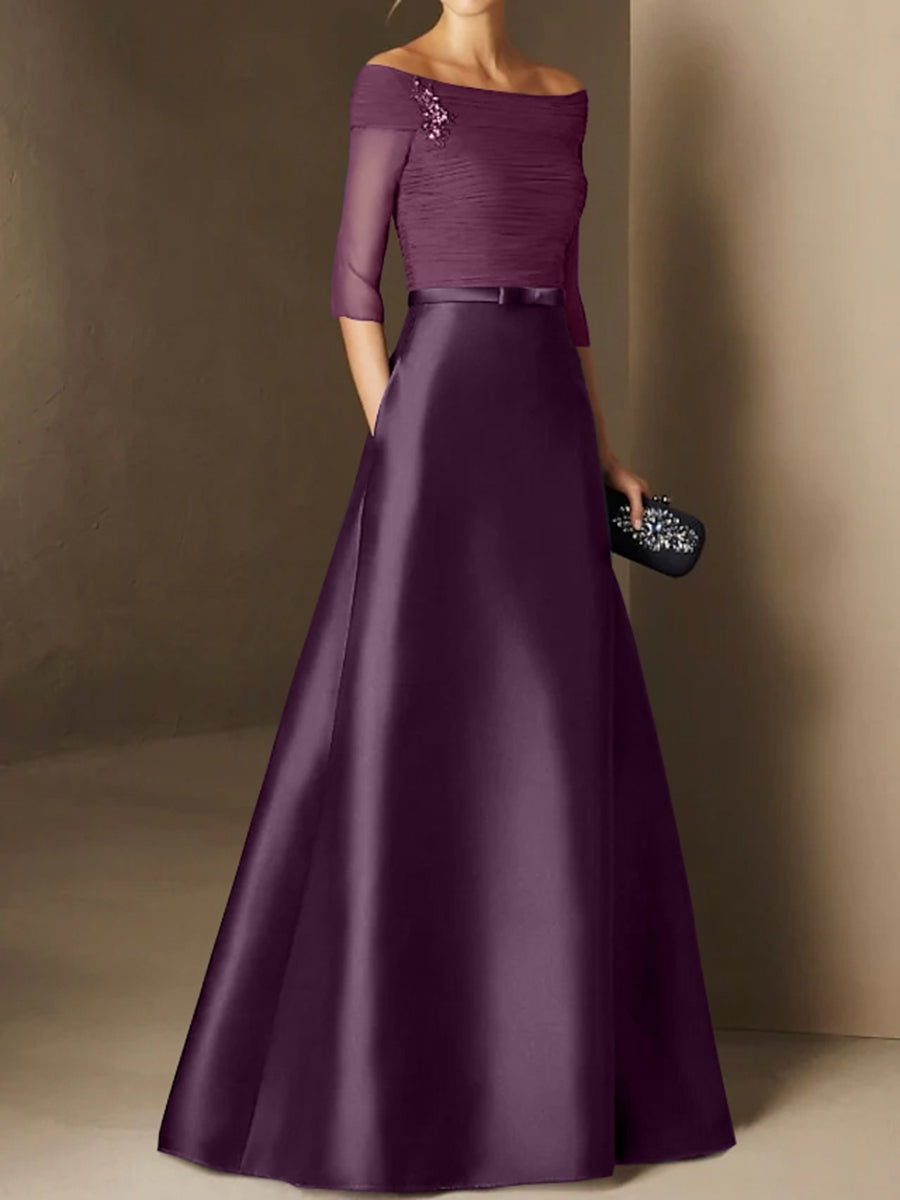 A Line Princess Off The Shoulder Short Sleeves Mother Of The Bride Dresses With Belt Applique