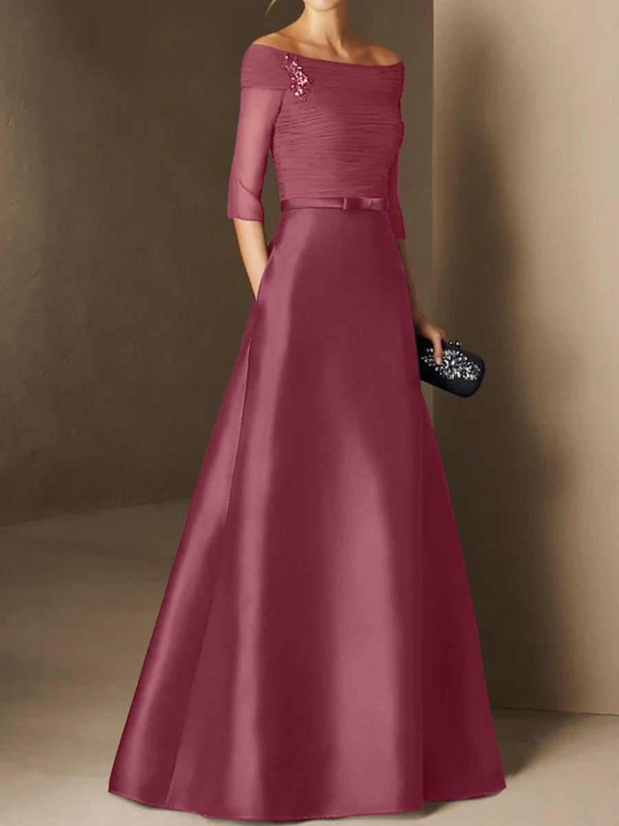 A Line Princess Off The Shoulder Short Sleeves Mother Of The Bride Dresses With Belt Applique