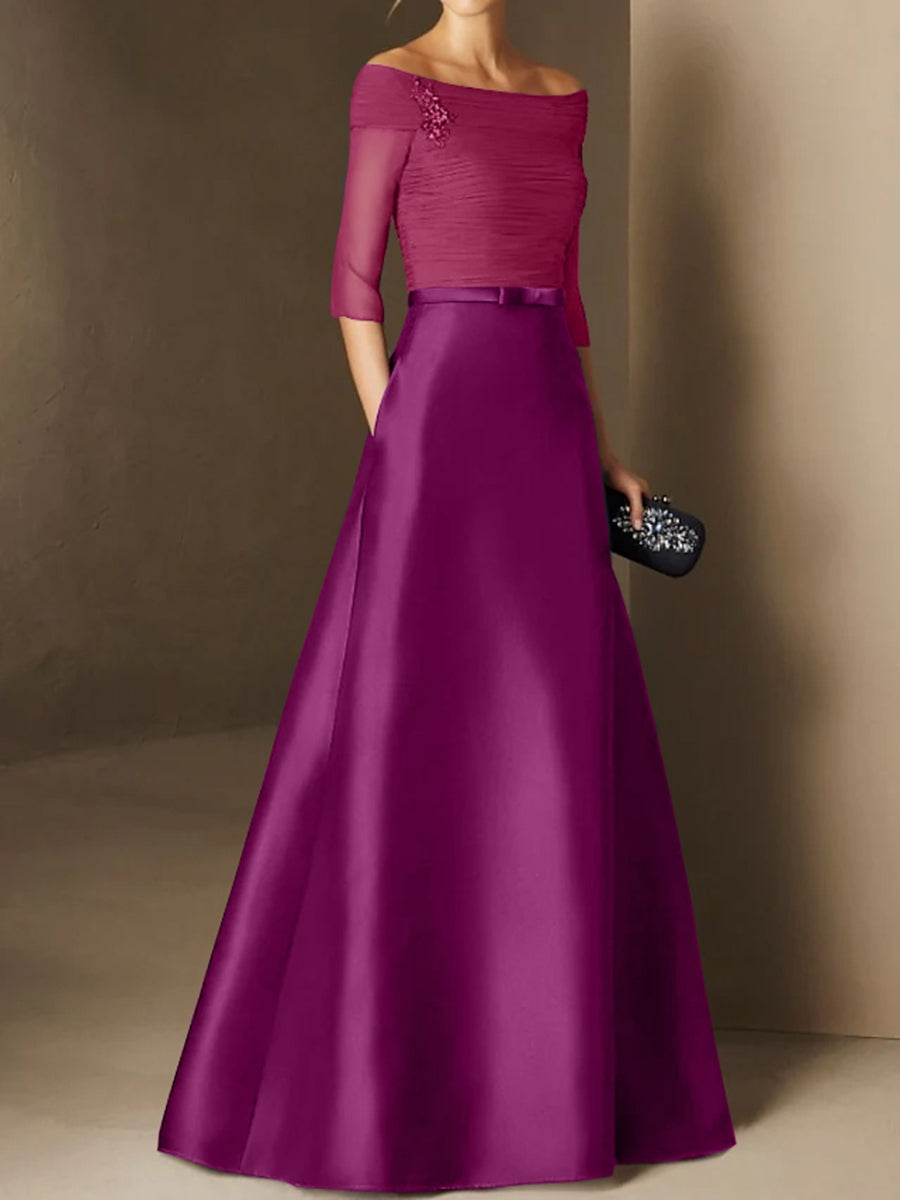A Line Princess Off The Shoulder Short Sleeves Mother Of The Bride Dresses With Belt Applique