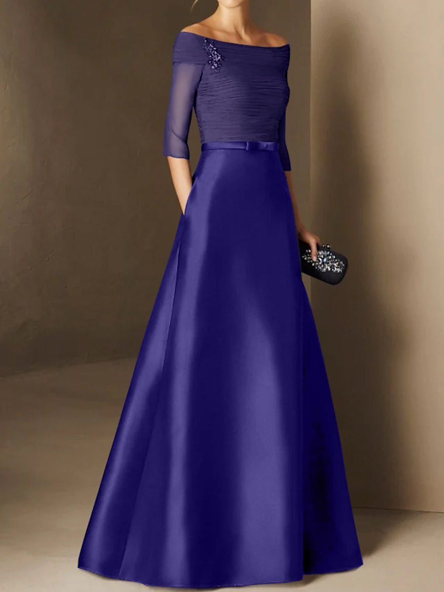 A Line Princess Off The Shoulder Short Sleeves Mother Of The Bride Dresses With Belt Applique
