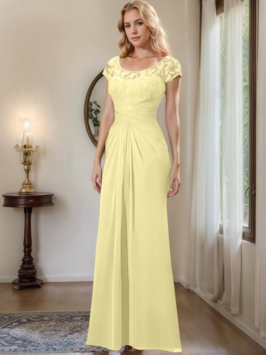 Sheath Column Scoop Floor Length Chiffon Mother Of The Bride Dresses With Lace Ruffle