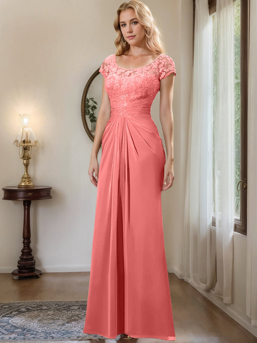 Sheath Column Scoop Floor Length Chiffon Mother Of The Bride Dresses With Lace Ruffle