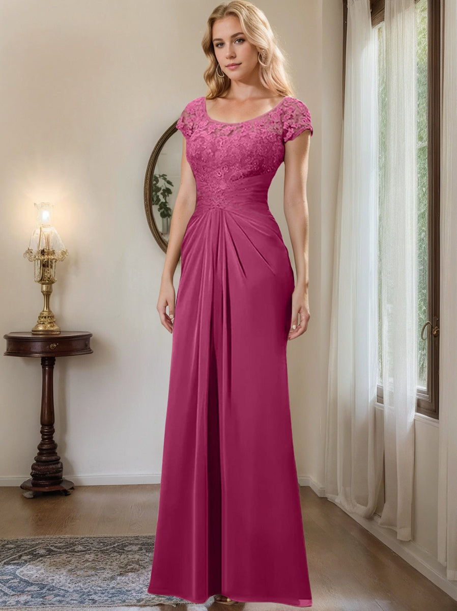 Sheath Column Scoop Floor Length Chiffon Mother Of The Bride Dresses With Lace Ruffle