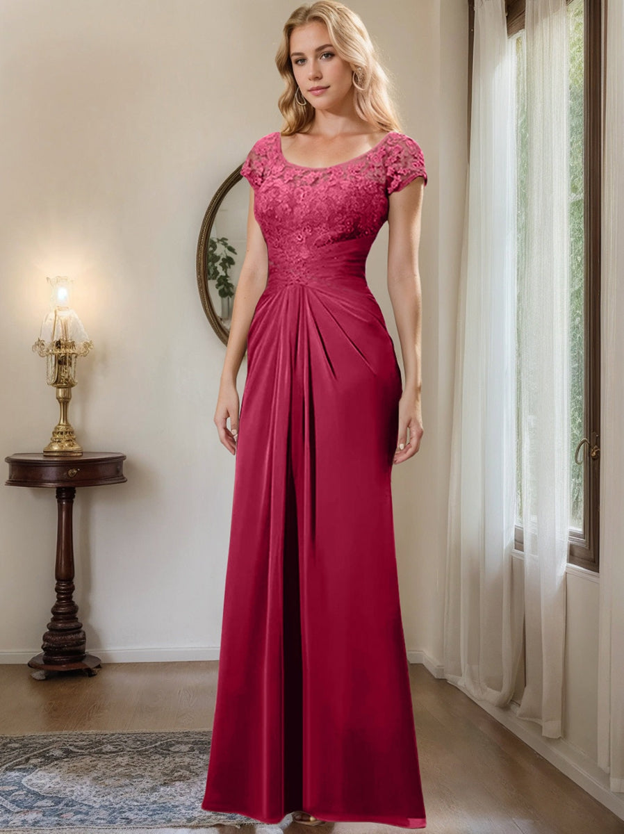 Sheath Column Scoop Floor Length Chiffon Mother Of The Bride Dresses With Lace Ruffle