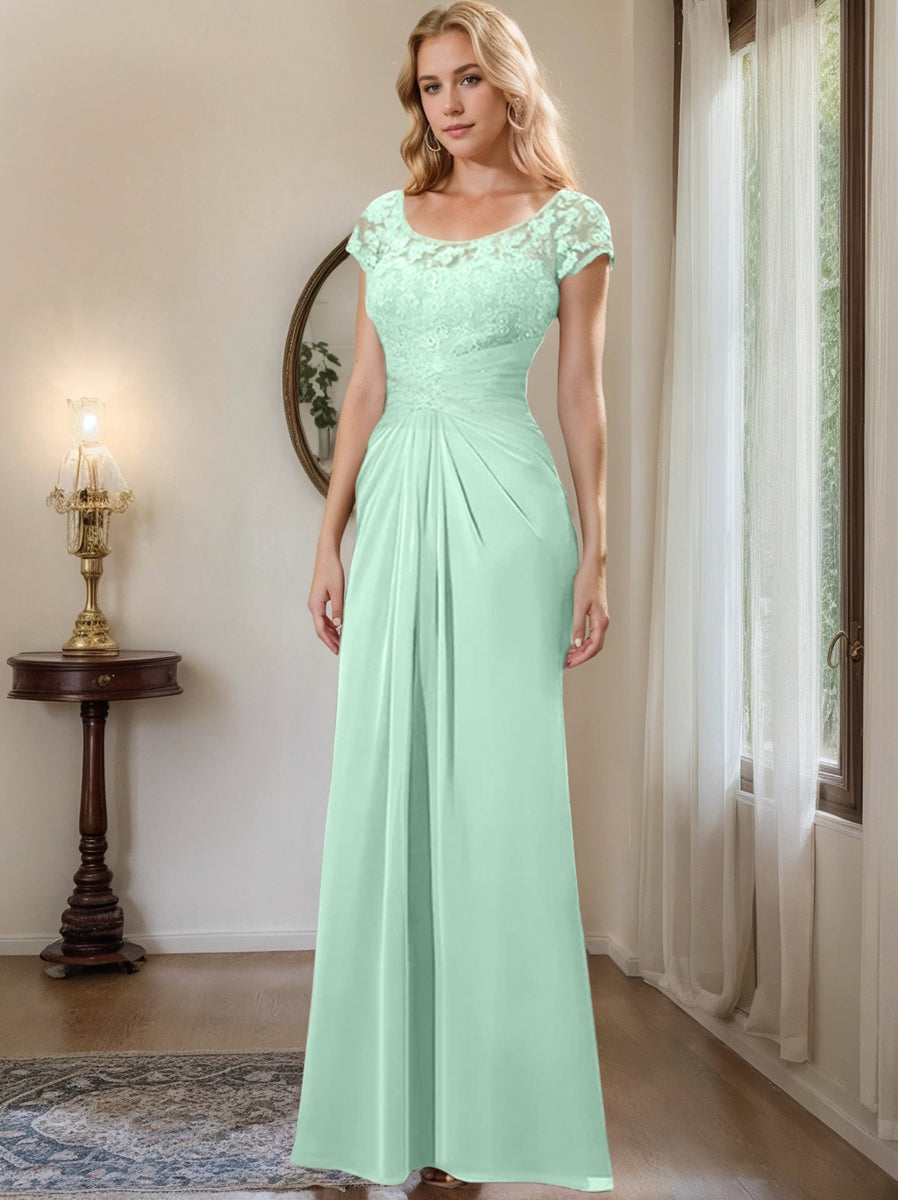 Sheath Column Scoop Floor Length Chiffon Mother Of The Bride Dresses With Lace Ruffle