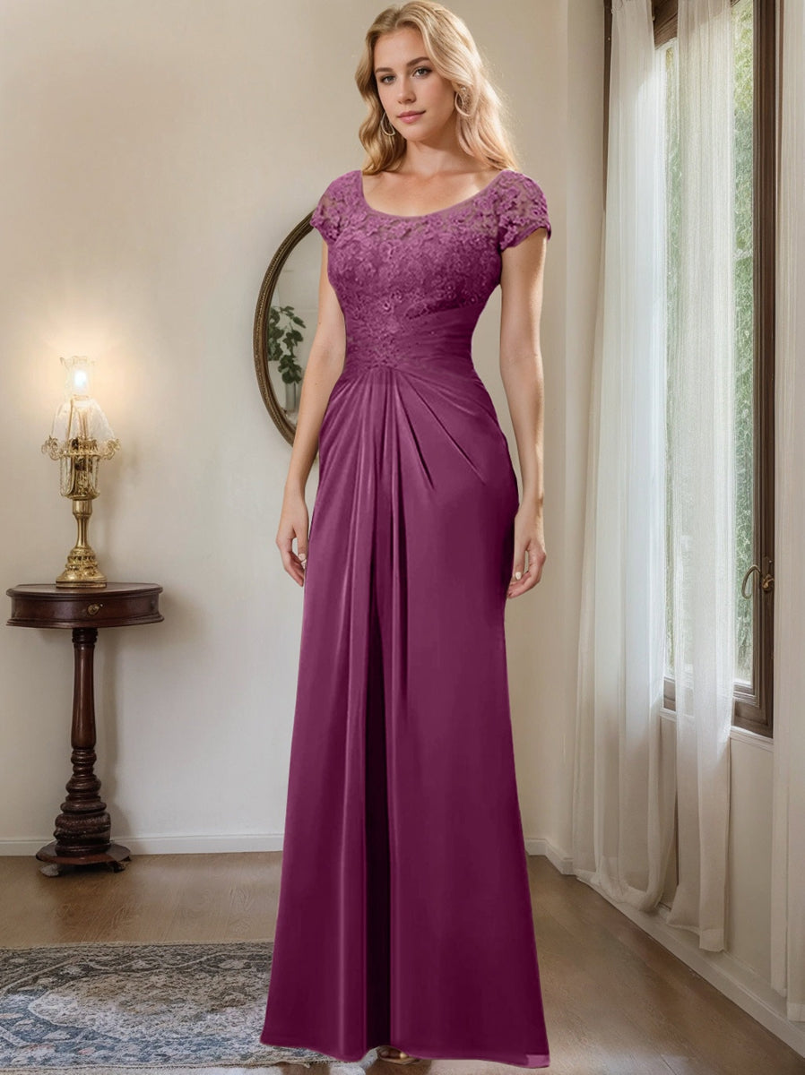 Sheath Column Scoop Floor Length Chiffon Mother Of The Bride Dresses With Lace Ruffle