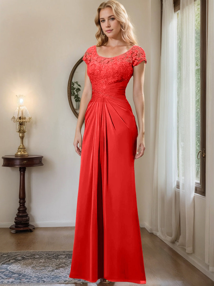 Sheath Column Scoop Floor Length Chiffon Mother Of The Bride Dresses With Lace Ruffle