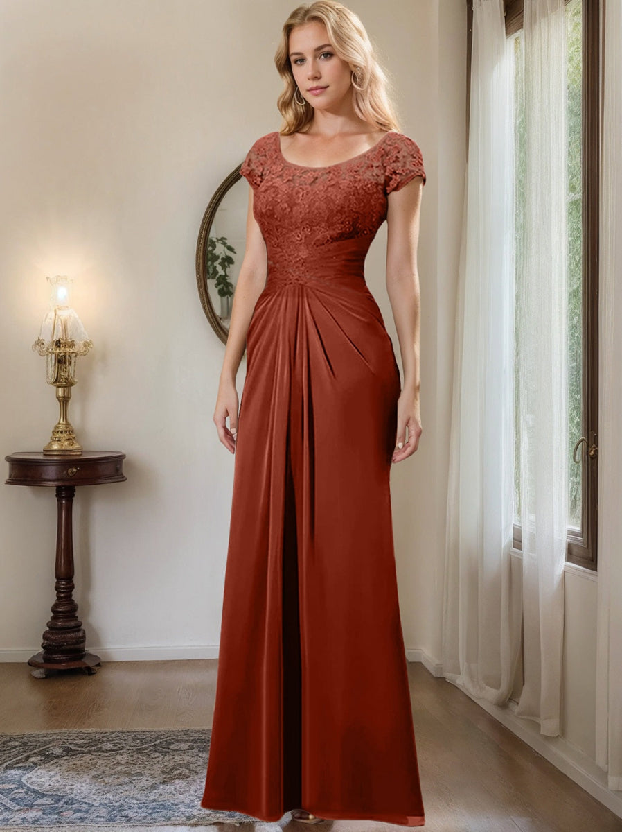 Sheath Column Scoop Floor Length Chiffon Mother Of The Bride Dresses With Lace Ruffle
