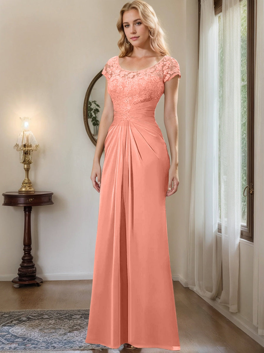 Sheath Column Scoop Floor Length Chiffon Mother Of The Bride Dresses With Lace Ruffle