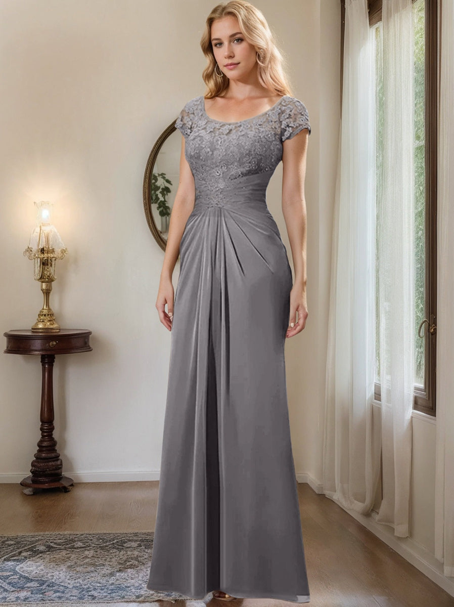 Sheath Column Scoop Floor Length Chiffon Mother Of The Bride Dresses With Lace Ruffle