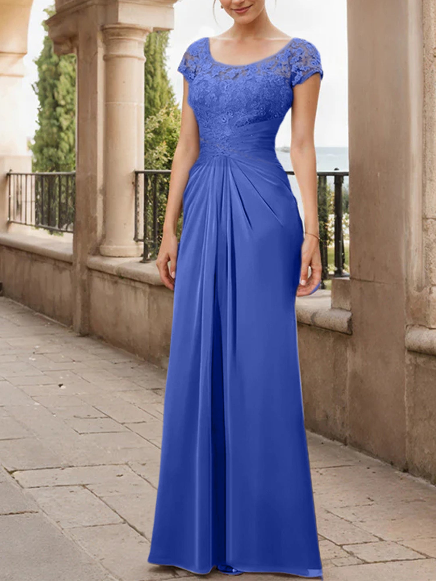 Sheath Column Scoop Floor Length Chiffon Mother Of The Bride Dresses With Lace Ruffle