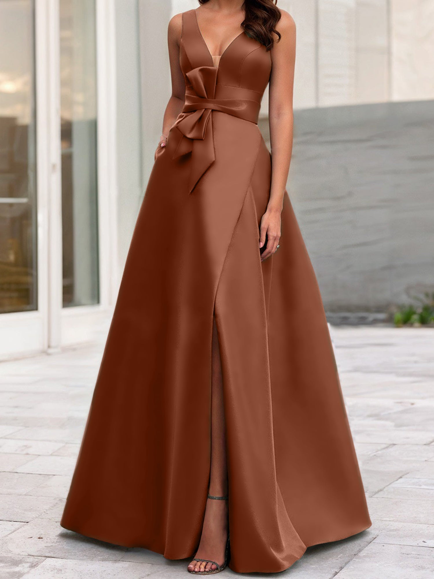 A Line Princess V Neck Sleeveless Mother Of The Bride Dresses With Split Side