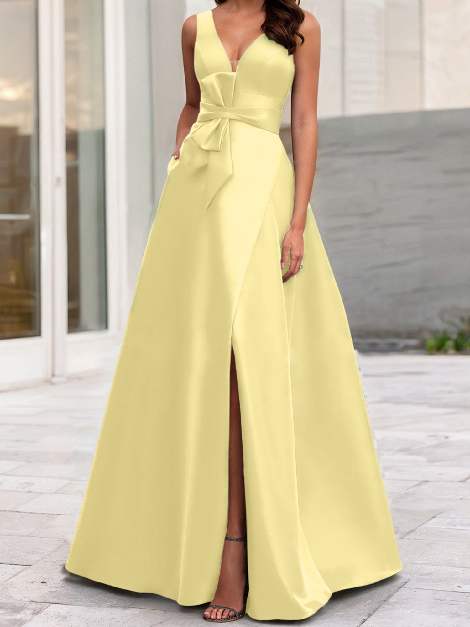 A Line Princess V Neck Sleeveless Mother Of The Bride Dresses With Split Side