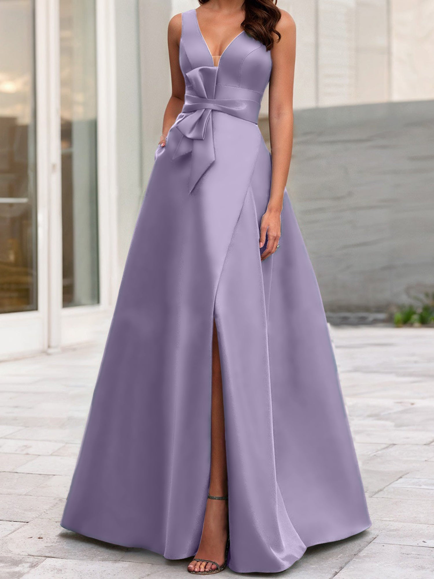 A Line Princess V Neck Sleeveless Mother Of The Bride Dresses With Split Side