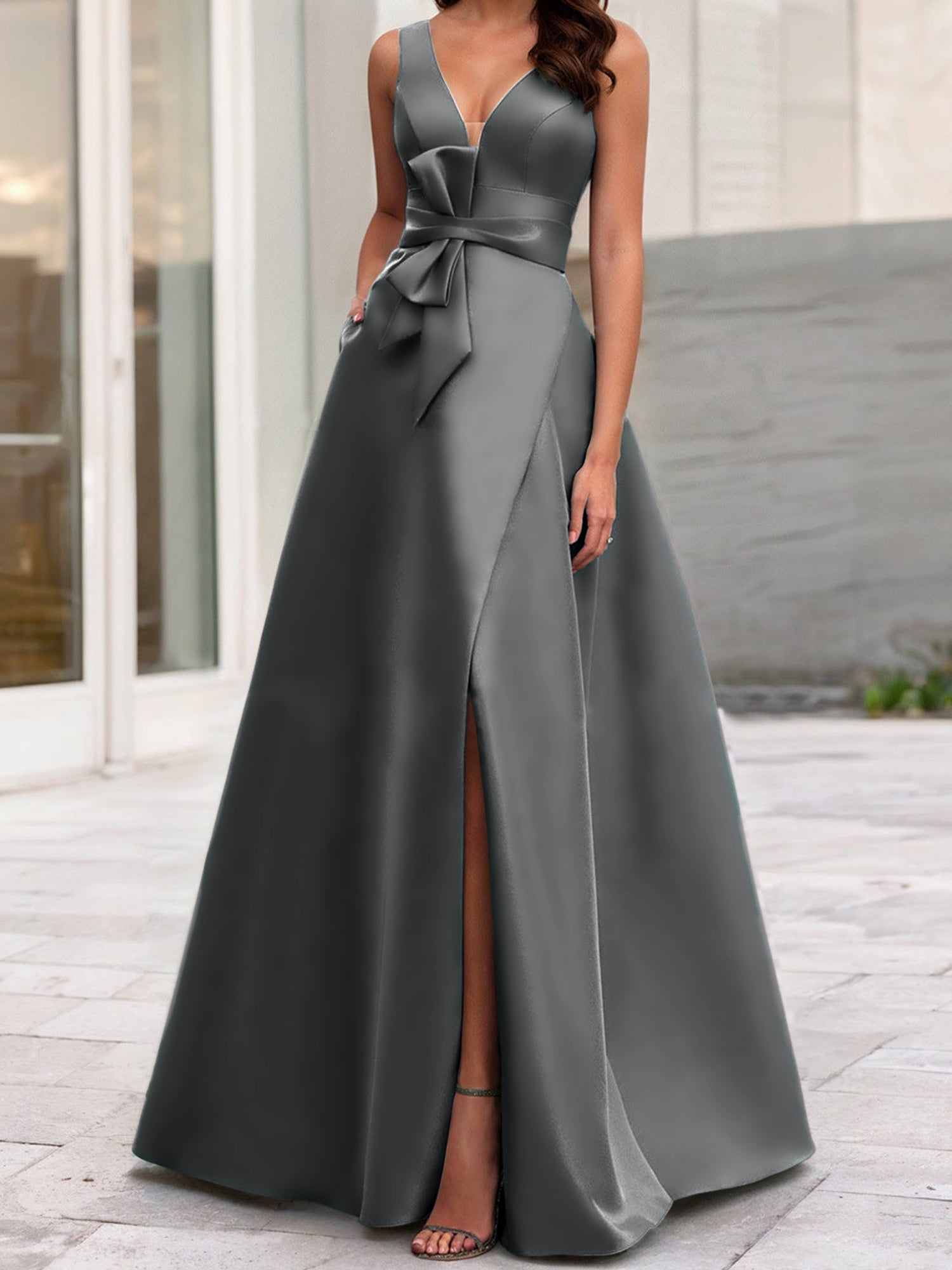 A Line Princess V Neck Sleeveless Mother Of The Bride Dresses With Split Side